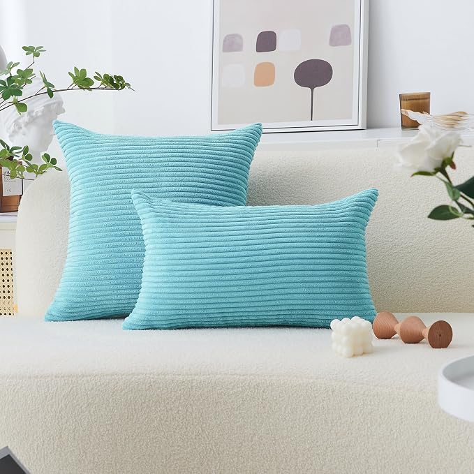 Home Brilliant Teal Pillow Cover 24x24 Large Striped Corduroy Plush Texture Velvet Euro Throw Pillow Sham Pillow Cover for Chair, 24 x 24 inch (60cm)