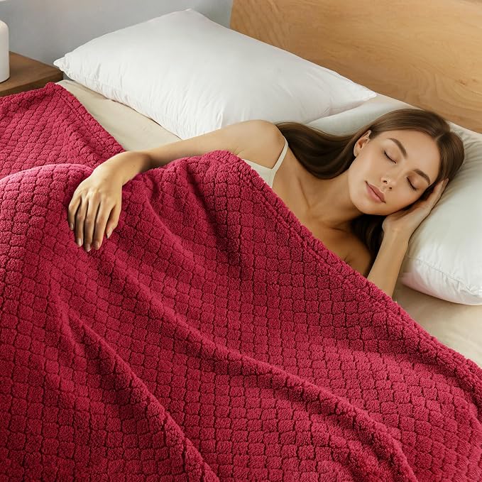 Exclusivo Mezcla Soft Fleece Throw Blanket for Couch, Deep Red | Jacquard Lightweight Cozy Throws for Bed, Sofa, Breathable Decorative Fuzzy Textured All Season Use, 50x60 Inches