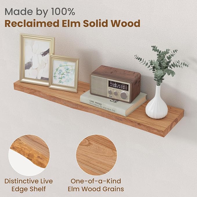 Floating Shelves for Wall Decor, Rustic Solid Elm Wood Live Edge Floating Shelves Wall Mounted, Wall Shelves with Invisible Bracket for Living Room Bathroom Bedroom Kitchen, 30 Inch Set of 2, Natural