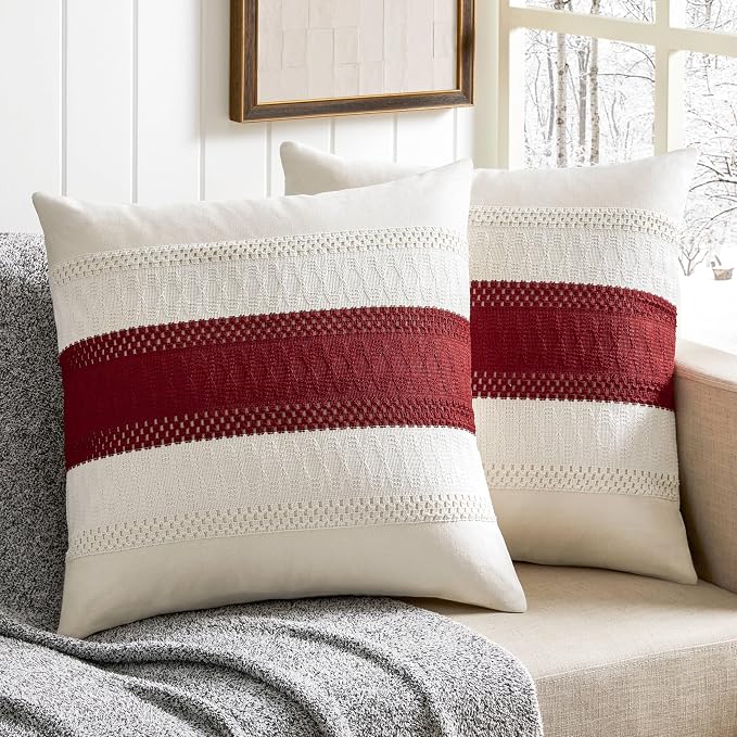 2 Pack Boho Throw Pillow Covers, Contrast Red 24x24in | Soft Breathable Cotton, Farmhouse Decorative Couch Pillow Cases, Cushion Covers for Sofa Bed Living Room Home Decor