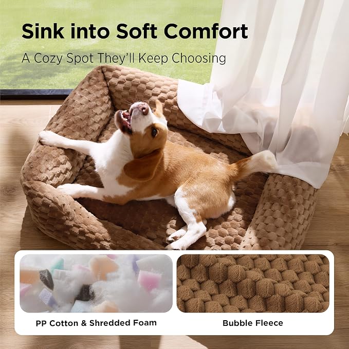 Bedsure Washable Dog Beds Large Sized Dog Bubble Fleece,35in Camel Brown | Cute Pet Bed,Fluffy Cuddler Pet Couch,Neck-Friendly Bolster,Non-Slip Bottom,Machine Washable Removable Cover ,Up to 50 lbs