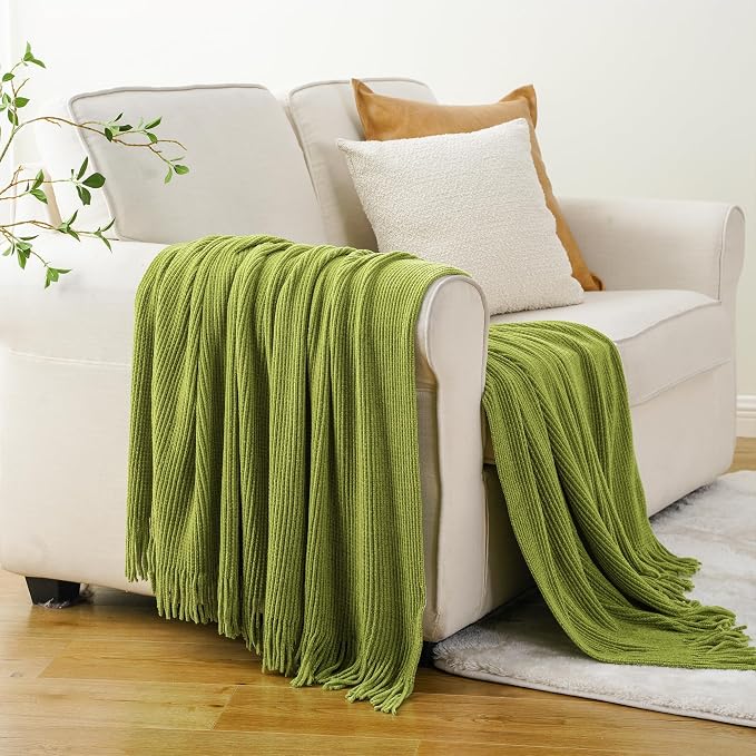 BATTILO HOME Lime Green Throw Blanket for Couch, 50"x60" | Soft Chenille Knit Throw Blanket with Tassels for Home Decor, Spring Green Throws for Couch Cover