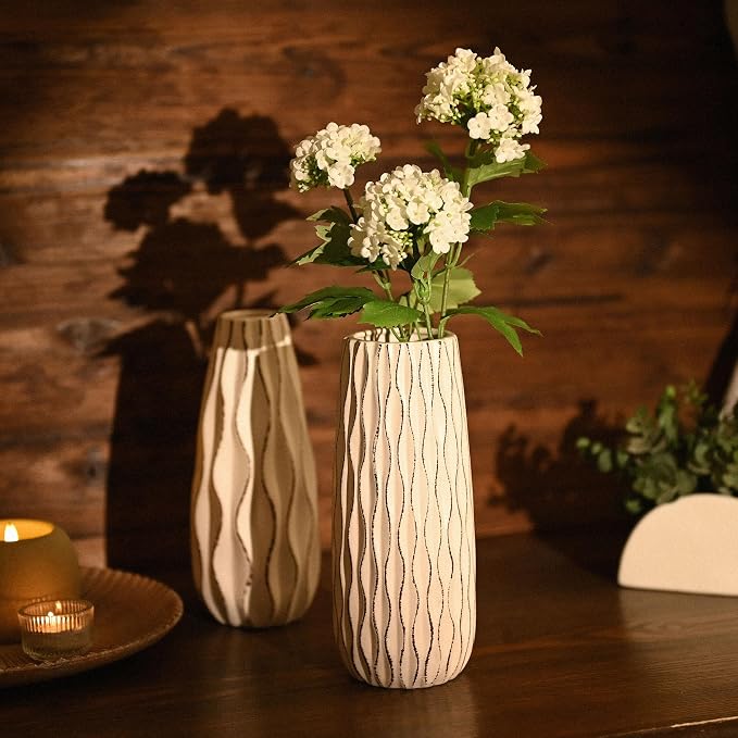 VICTOR & TERESA Ceramic Vase for Flowers, 10'' Set of 2 Decorative White Vases for Home Decor, Farmhouse Vases for Pampas Grass, Table, Mantel, Living Room, Shelf, Centerpieces, Gifts for Mom