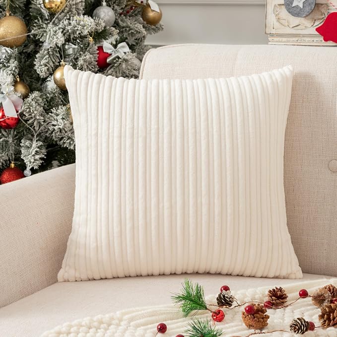 UGASA Soft Striped Throw Pillow Covers Solid Corduroy Decorative Square Set Cushion Cases Pillowcases for Couch Sofa Bedroom, 1 Pack, 24x24 Inch, Cream