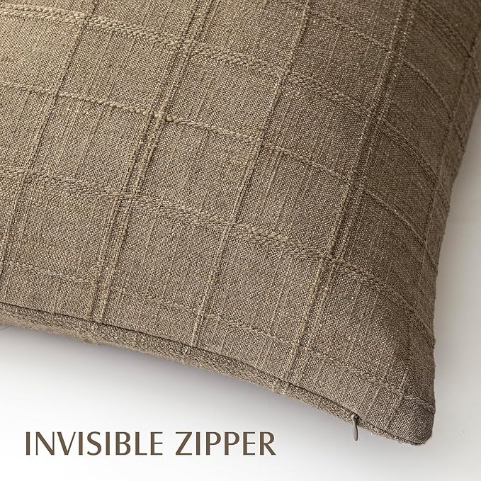 Foindtower Set of 2 Decorative Linen Check Throw Pillow Covers Neutral Farmhouse Vintage Cushion Covers Modern Boho Home Decor for Sofa Chair Couch Bedroom Living Room,18×18 Inch,Light Brown