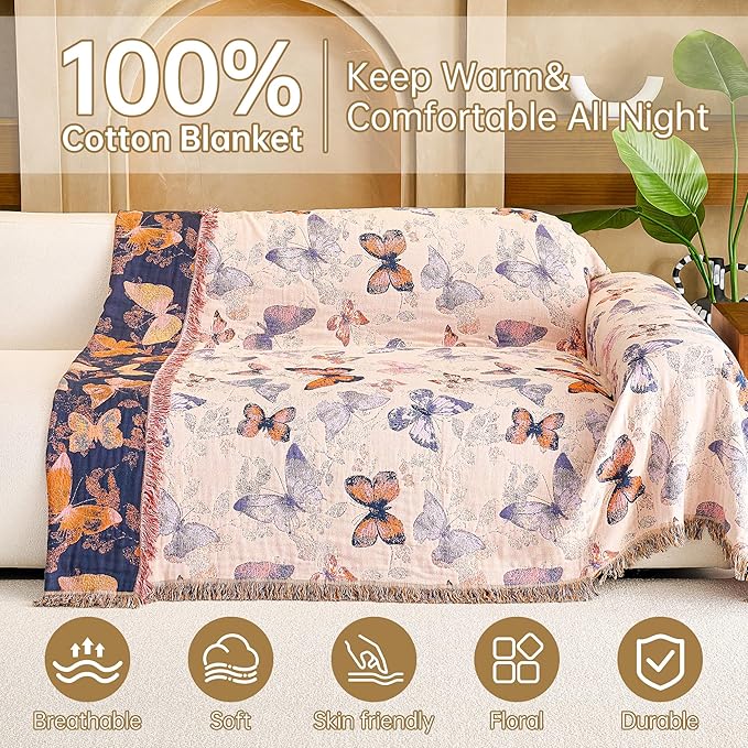 VANJOROY Boho Throw Blanket King, 100% Organic Cotton Breathable Ultra Soft 91" x 98" Bed Quilt Throw - All Season Floral Rustic Farmhouse Decor Luxury Reversible Blanket for Sofa Couch Chair and Gift