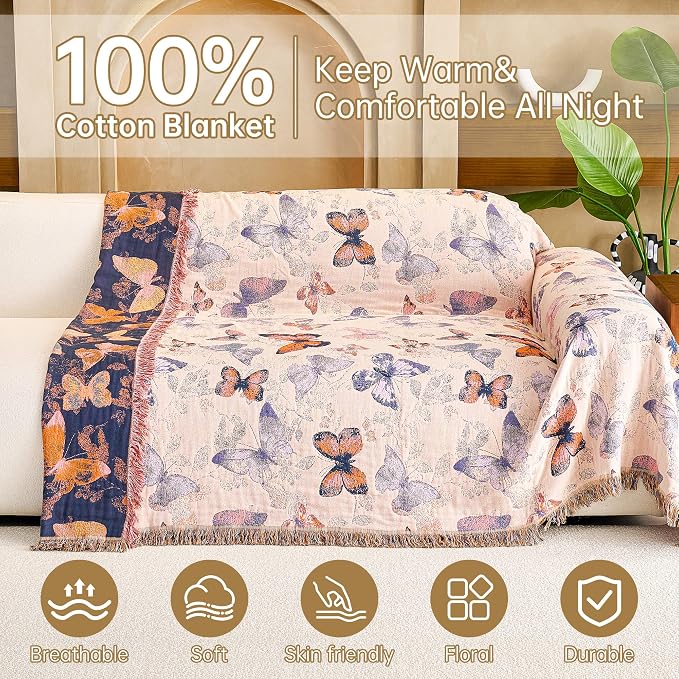 VANJOROY Boho Throw Blanket, 100% Organic Cotton Breathable Ultra Soft 80" x 90" Bed Quilt Throw - All Season Floral Rustic Farmhouse Decor Luxury Reversible Blanket for Sofa Couch Chair and Gift