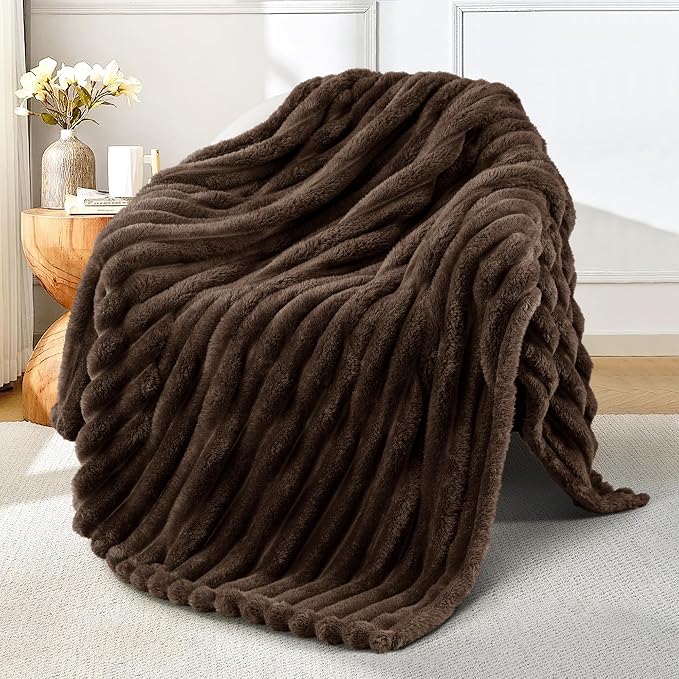 Exclusivo Mezcla Striped Fleece Throw Blanket for Couch, Sofa, Bed, 50"x60" | Soft Breathable Cozy Bed Blankets, Lightweight Plush Fluffy Fuzzy Jacquard Decorative Blankets