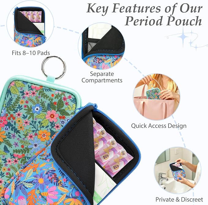 KJQJLY 2 Pack Portable Tampon Organizer Bag Tampon Holder & Storage Case with Zipper for Travel, Discreet Period Bag for Purse, Waterproof Feminine Products Pouch for Women (Flower)