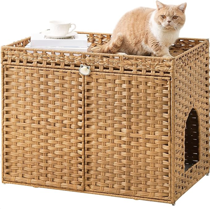 SETVSON Cat Litter Box Enclosure, Extra Large Hidden PE Rattan Natural | Spacious Double Door PE Rattan Cat Washroom Bench, Side Table Look, Fits Covered Litter Tray, 2 Mats, Metal Frame