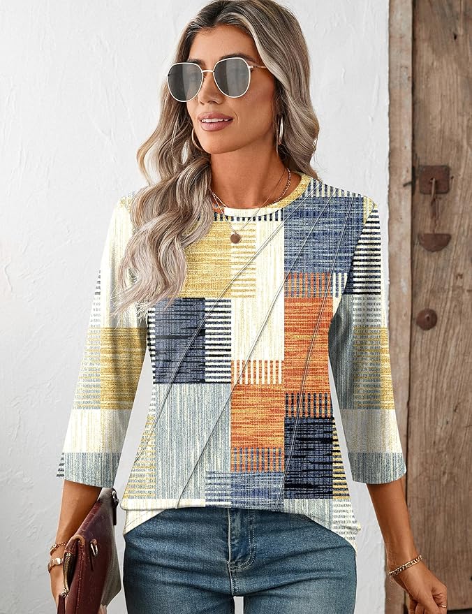 LOMON 3/4 Length Sleeve Womens Tops Spring Summer Fashion 2026 Tops Crew Neck Pleated Shirts Tunic Top Loose Fit