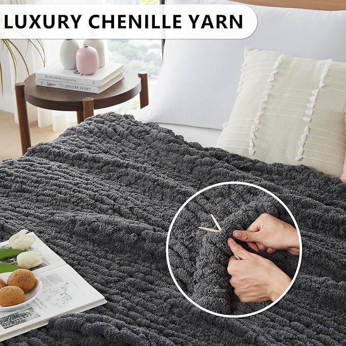 L'AGRATY Chunky Knit Throw Blanket for Couch, 60 x 80 Inches, Dark Grey | Handmade Chenille Crochet Blanket for Sofa Bed, Thick Cable Knitted Blankets for Room Home Decor, Birthday Gift for Women Mom