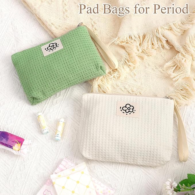 Waffle Canvas Period Pouch First Period Kit Bag Small Discreet Menstrual Cup Pad Pouch Cute Sanitary Napkin Storage Bag Tampon Holder Multi-purpose Feminine Bag Green