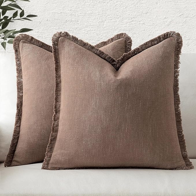 MIULEE Linen Fringe Decorative Fall Throw Pillow Covers Dark Coffee 20x20 | Set of 2, Cottagecore Decor, Boho Farmhouse Neutral Pillow Covers, Rustic Fall Couch Cushion Cases for Sofa Bed Living Room