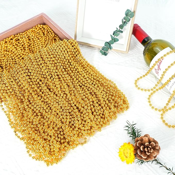 SHAOQINLIN 12 PCS Gold Bead Necklace, Mardi Gras Beads Christmas Necklaces 33" Metallic Beaded Costume Party Necklaces for Parade Throws, Wedding, Birthday, Pirate Party Favors