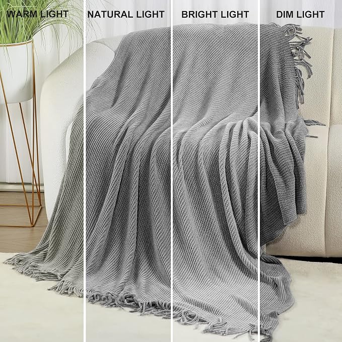 Blagic Chenille Throw Blanket for Couch and Bed,Light Gey,50"x60" | Soft Farmhouse Boho Throw Blanket with Tassels,Decorative for Living Room,Stripe Textured Throws for Bed/Chair/Sofa