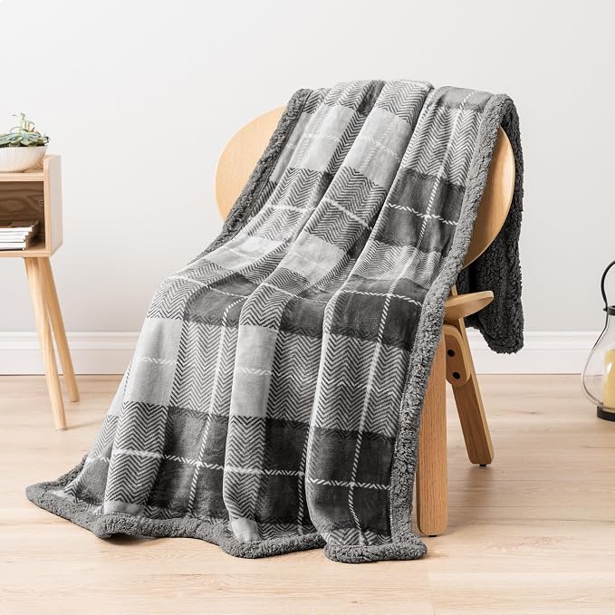 PAVILIA Plaid Sherpa Throw Blanket for Couch Sofa Bed, Light Grey, 50x60 | GSM 460; Soft Plush Flannel Fleece; Warm&Cozy for Home; Machine Washable, Perfect Cabin Decor Winter Holiday Christmas Gift