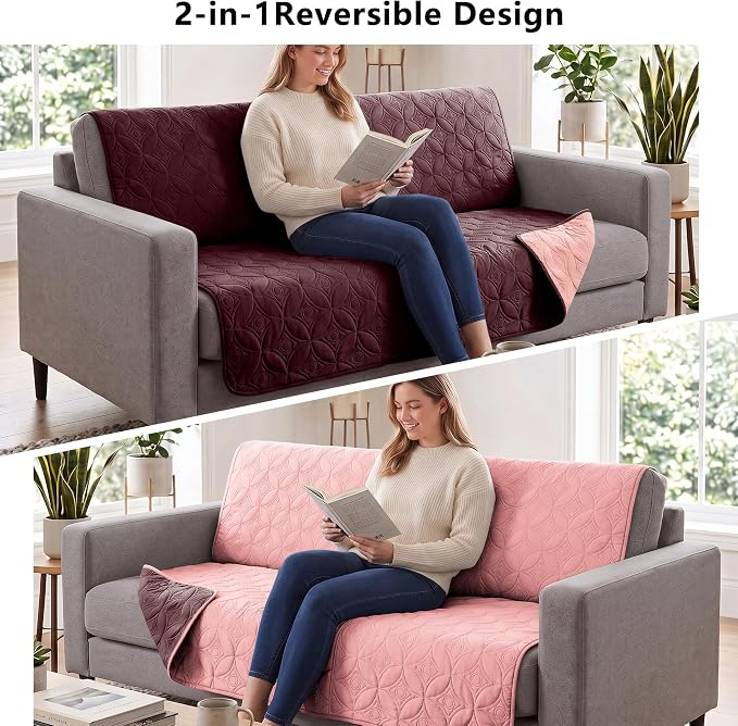 Waterproof Couch Cover for Dogs - Washable Pets Furniture Protector | TPU Leak-Proof Liner, Lightweight & Reversible, Fits Chair, Sofa, Bed, 30" x 30" , Burgundy/Pink