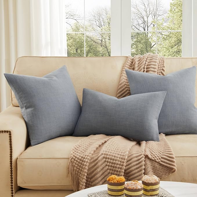 Rustic Linen Throw Pillow Covers Set of 2, Blue Ashes 22x22in | Textured Pillow Case, Rustic Cotton Linen Fabric, Modern Farmhouse Cushion Covers for Sofa Bed Living Room Home Decor