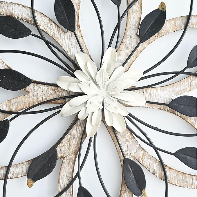 Remenna Whitewash Flowers Wood Wall Decor, Metal Rustic Wall Art Farmhouse Wall Decorations Multiple Floral Hanging Decor for Bathroom Living Room Home Office Garden Kitchen