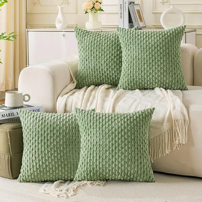 Set of 4 Sage Green Decorative Throw Pillow Covers 18x18 Inch Corduroy Pillow Covers for Bed Couch Sofa Living Room Soft Square Cushion Cases