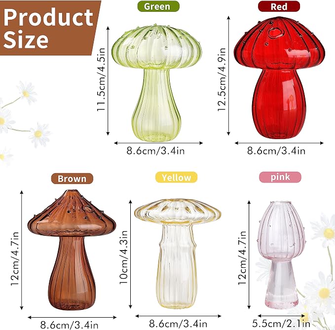 5 PCS Mushroom Shaped Glass Vase, Planters Clear Hydroponic Vase, Flowers Plants for Decorative Centerpiece,Table Decor,Home Wedding Party (5 Color)