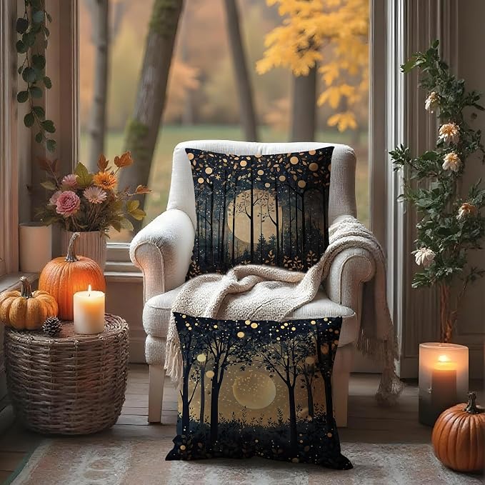 Rustic William Morris Inspired Gold Moon Pillow Covers 18x18 Set of 2,Vintage Black and Gold Moon Forest Botanical Nature Landscape Decorative Throw Pillow Covers for Home Bedroom Living Room