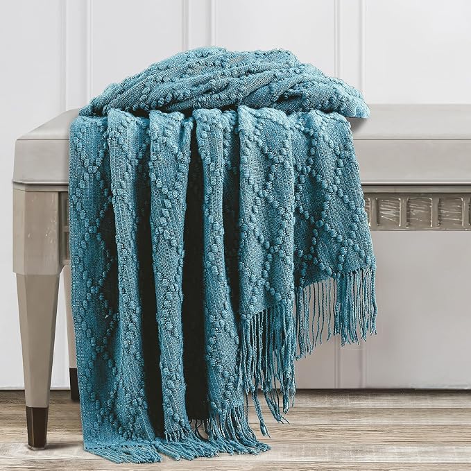 BOURINA Teal Throw Blanket 50 x70 Inch Jacquard Throw Knitted Blanket | Jacquard Argyle Throw Textured Solid Soft Throws and Blankets for Sofa or Bed Knitted Decorative Blanket