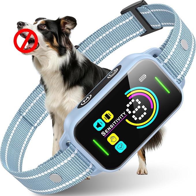 DINJOO Bark Collar for Large Medium Small Dogs - Smart AI 1S Stop Barking, Anti Barking Device & Dog Training Collar with Beep, Vibration & 8-Level Sensitivity, IP67 Waterproof - Paste Blue