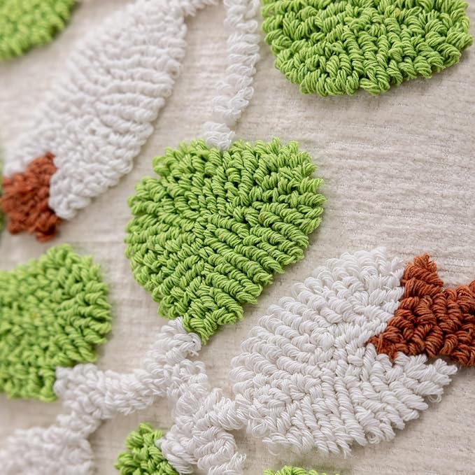 Summer Floral Throw Pillow Covers 18x18 Inch Set of 2, Chenille Embroidered Pillowcase with 3D Tufted White Flowers and Green Leaves, Boho Decorative Cushion Covers for Couch Sofa Bed