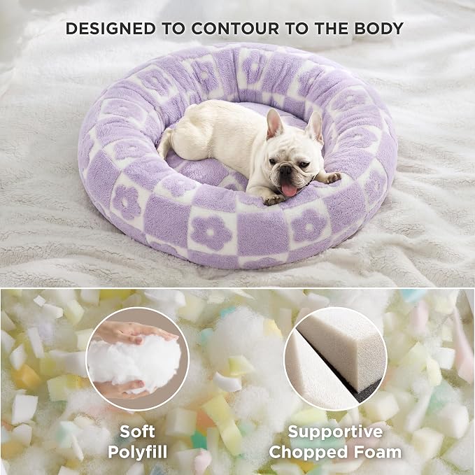 LE SURE Shown on TV Jacquard Donut Dog Beds Medium,Flower Checks 30x30x8in | Orthopedic Calming Pet Bed Sofa, Original Design Pattern,Washable Cover,Cute Home Decor as Gift for Pet,Anti Slip Bottom