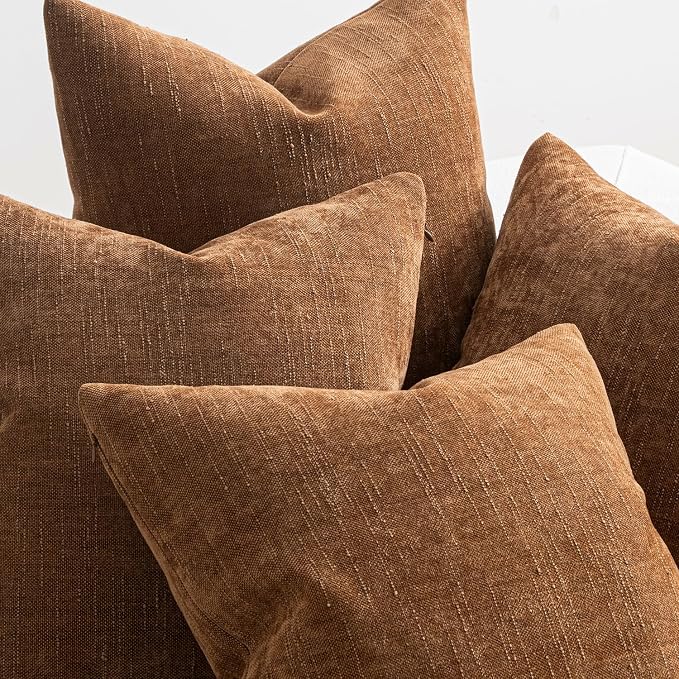 MIULEE Pack of 4 Fall Decorative Throw Pillow Covers 18x18 Inch Chenille Textured Throw Pillows Boho Farmhouse Rustic Cushion Covers Vintage Home Decor for Couch Sofa Bed Living Room，Camel