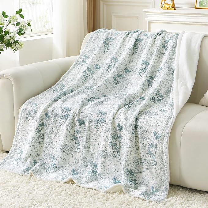 Viviland Cotton Blanket Muslin Blankets for Adult Reversible Flannel, Gifts for Women, Cozy and Soft for All Seasons, Home Decor Throw for Sofa, Chair, Coastal Toile, 50x70 inches