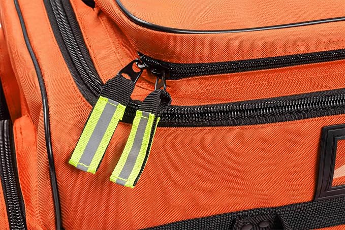 Scherber Fully Stocked First Responder Ultimate Professional EMT/EMS Trauma Kit | HSA/FSA Approved | w/10+ Compartments, Zippered Pockets, Dividers, Oxygen Access & 260+ First Aid Supplies (Orange)
