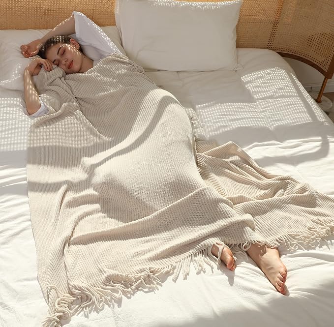 Blagic Chenille Throw Blanket for Couch and Bed,Off White,50"x60" | Soft Farmhouse Boho Throw Blanket with Tassels,Decorative for Living Room,Stripe Textured Throws for Bed/Chair/Sofa