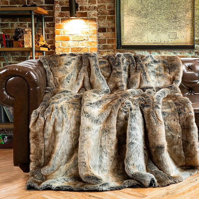 BATTILO Large Brown Faux Fur Throw Blanket for Bed, 60"x80", Shaggy | Super Thick Warm Elegant Cozy Plush Furry Fuzzy Fluffy Faux Fur Blankets for Couch, Sofa, Living Room, Home Decor