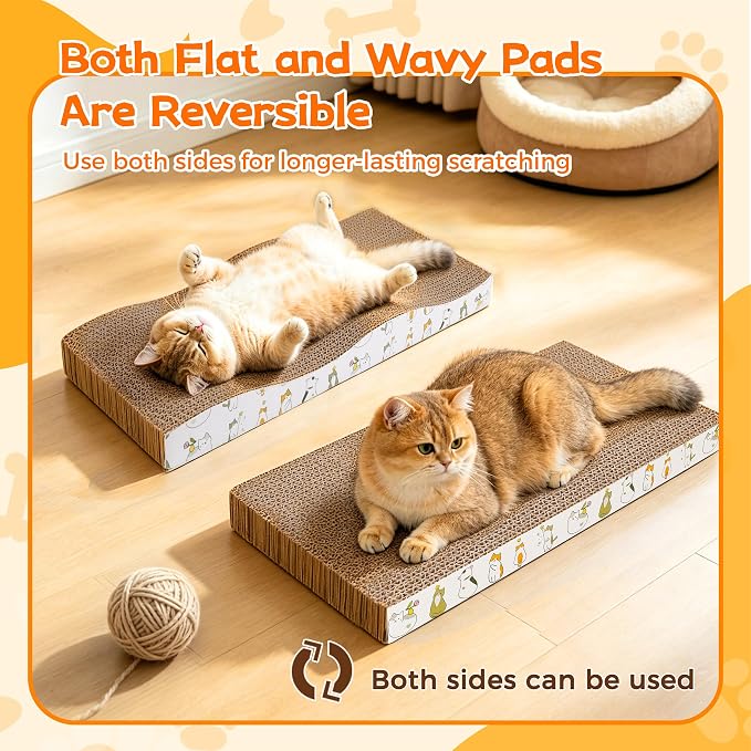 PatiencET Cat Scratcher Cardboard Pads, 4-Pack Mixed Flat and Wavy | Flat and Curved Profiles, Four-Piece Variety, Stretching and Lounging, Catnips Included