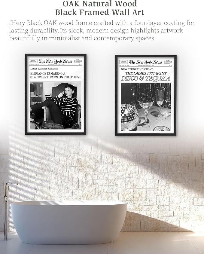 iHery 16x20in Audrey Hepburn Elegance Framed Newspaper Wall Art | Premium Black OAK Wood Frame with Canvas Print, Vintage Newspaper Decor for Bedroom, Living Room, Office 1Pack