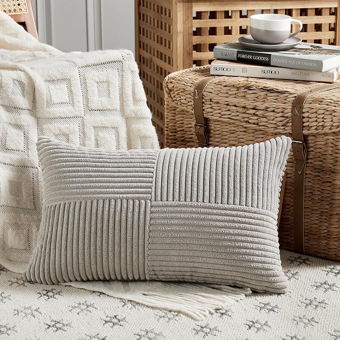 Fancy Homi 2 Packs Neutral Grey Lumbar Decorative Throw Pillow Covers 14x24 Inch for Living Room Couch Bed Sofa, Farmhouse Home Decor, Soft Striped Corduroy Rectangle Accent Cushion Case 35x60 cm