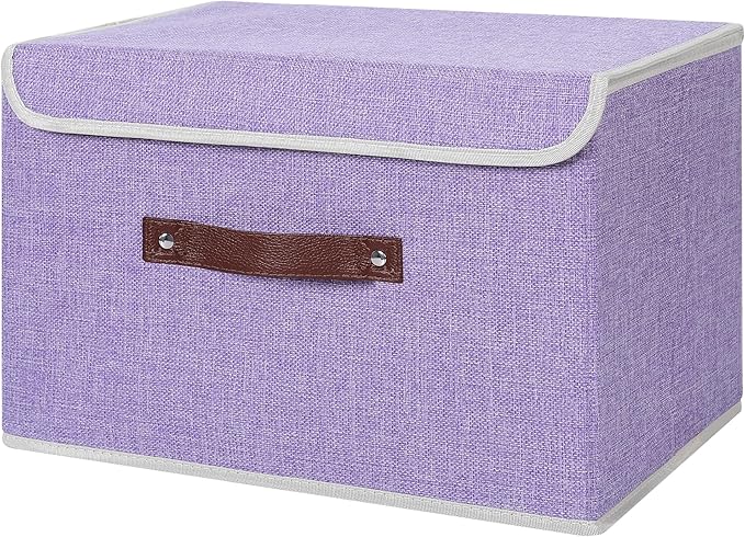 ANMINY Fabric Storage Box Bins with Lids, Purple, 15"x10"x10" | Keepsake Memory Storage, Cotton Linen, PP Board Reinforced, Washable, PU Handles, Foldable & Stackable, Decorative, Large