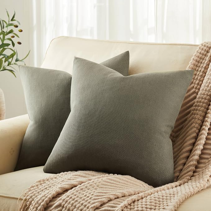Rustic Linen Throw Pillow Covers Set of 2, Olive 22x22in | Textured Pillow Case, Rustic Cotton Linen Fabric, Modern Farmhouse Cushion Covers for Sofa Bed Living Room Home Decor