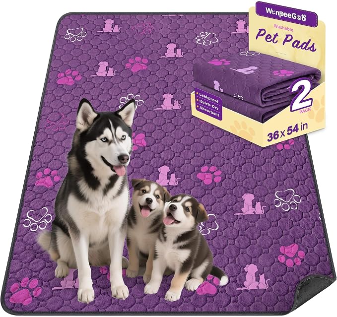WanpeeGoo Washable Pee Pads for Dogs, Waterproof, 36 x 54 in, 2 Pack, Purp | Super Absorbent, Waterproof and Non-Slip; Washable, Reusable Dog Pads for Crates, Playpens, Floors, Furniture and Travel