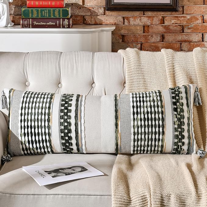 Chenille Striped Textured Boho Throw Pillow Covers Aesthetic with Tassels Woven Decorative Pillow Case for Couch Bed Sofa Bedroom Modern Funky 14 x 36-Inch Sage Green