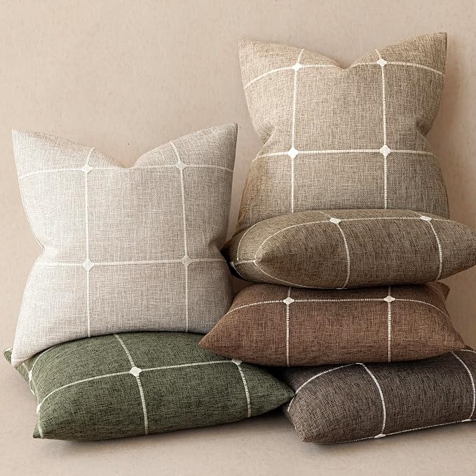 Foindtower Pack of 2 Decorative Faux Linen Jacquard Check Throw Pillow Covers Farmhouse Cushion Cover with Grid Textured Accent Pillowcase for Couch Sofa Bed Living Room Home Decor,18×18 Inch,Beige