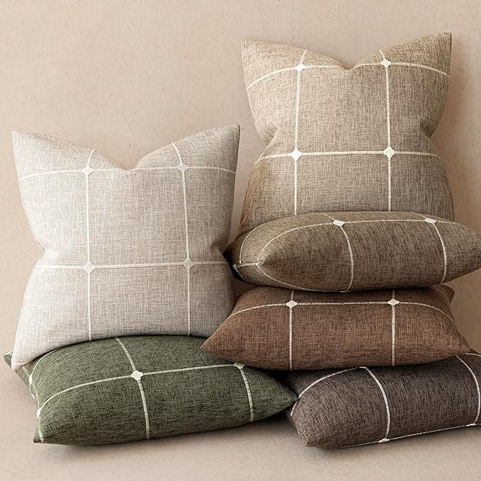 Foindtower Pack of 2 Decorative Faux Linen Jacquard Check Throw Pillow Covers Farmhouse Cushion Cover with Grid Textured Accent Pillowcase for Couch Sofa Living Room Home Decor,20×20 Inch,Beige