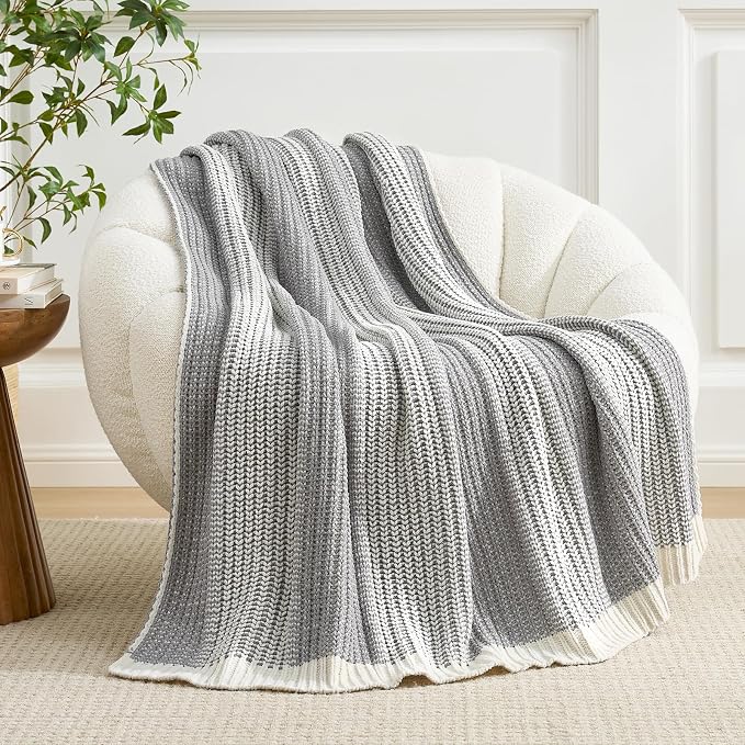 Premium Chenille Throw Blanket, Soft Cozy Luxury Two-Tone Knit Blanket for Couch, Sofa, Chair, Home Decor, Grey & Ivory 50"x60"
