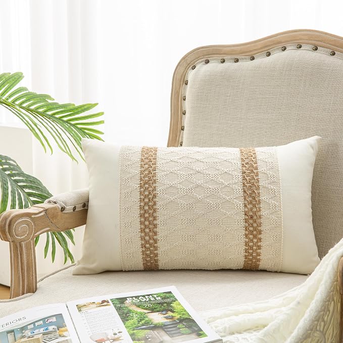 Lumbar Throw Pillow Covers Set of 1 (Beige, 12x20 Inch) | Linen Cotton Soft Cozy, Decorative Sofa Couch Pillow Cases, Textured Woven Single Striped, Boho Sytle for Living Room