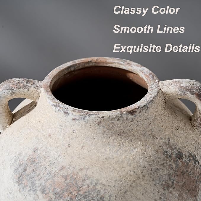 PORCER Antique Ceramic Vase, 5.8 Inch Terracotta Vase with Handles, Decorative Rustic Vase for Home Decor, Farmhouse, Living Room, Table, Bedroom, Entrance, Office - Gray