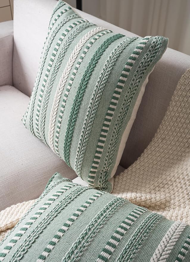 Cethom Boho Throw Pillow Covers 22x22 Inch Set of 2, Farmhouse Decorative Couch Pillow Cases, Light Green Accent Pillows of Bed, Sofa Bedroom Living Room Home Decor Cushion Cover