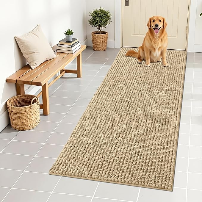 OLANLY Dog Door Mat for Muddy Paws 59x24, Extra Absorbent Chenille Mud Mat | Beige, Absorbs Moisture and Dirt, Non-Slip Machine Washable Doormat, Quick-Drying Indoor Entryway Floor Mat for Dogs